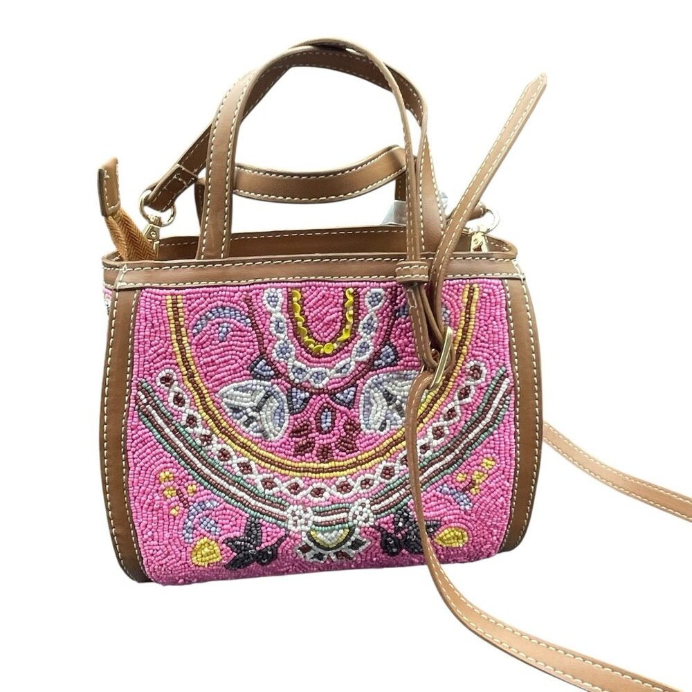 Pink Seed Bead Floral Mini Barrel Handbag Crossbody Strap Made In India New - Picture 3 of 10